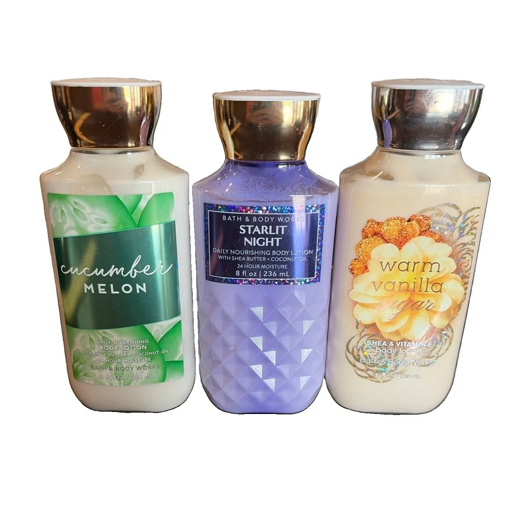 Bath Body Works X 3 Body Lotion Starlit Night, Warm Vanilla Sugar, Cucumber Mel